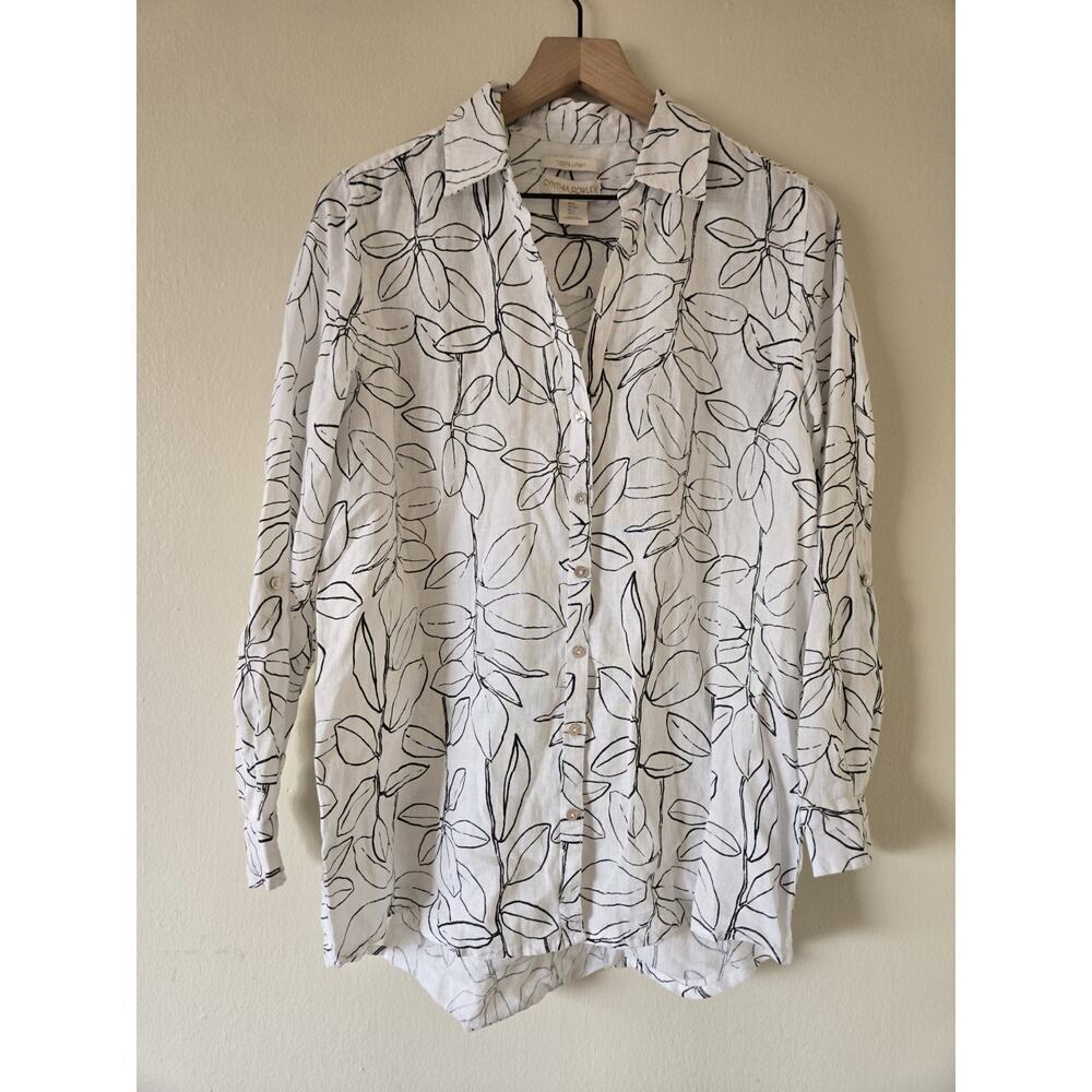 Cynthia Rowley Womens Small 100% Linen Popover Top White Floral lagenlook Beachy